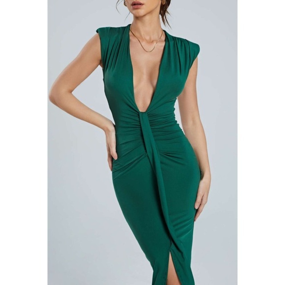 Micas Green Midi Dress Plunge Sleeveless Ruched Bodycon Party Cocktail Dress Xl